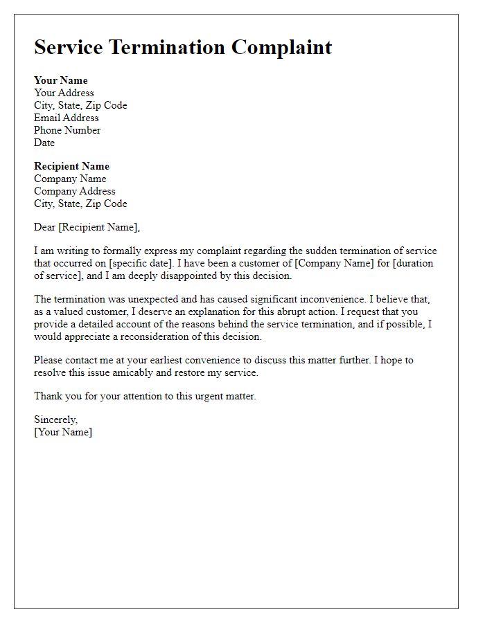 Letter template of sudden service termination complaint