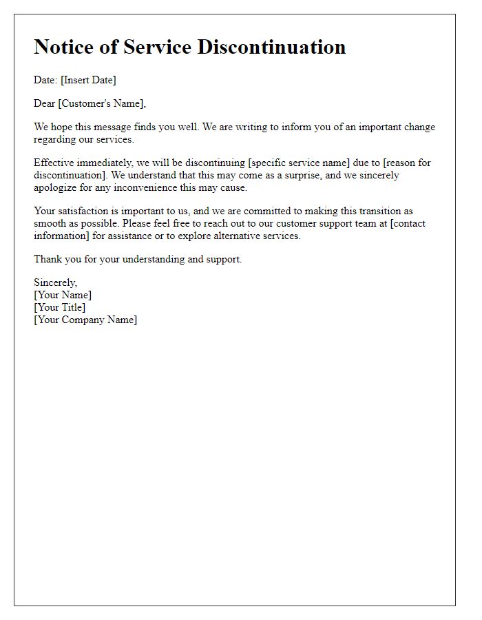 Letter template of unannounced service discontinuation issue