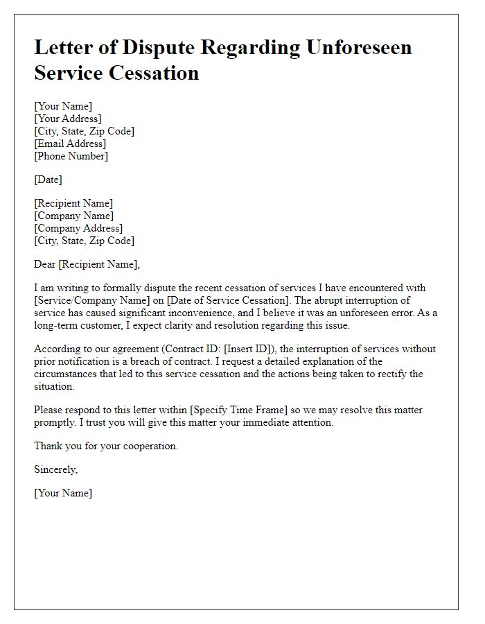 Letter template of unforeseen service cessation dispute