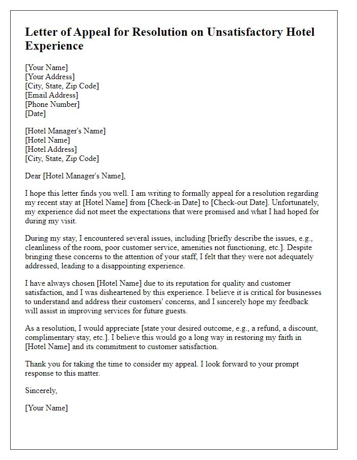 Letter template of appeal for resolution on unsatisfactory hotel experience.