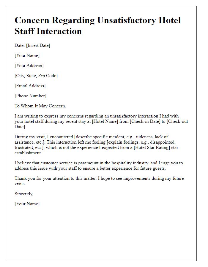 Letter template of concerns over unsatisfactory hotel staff interaction.