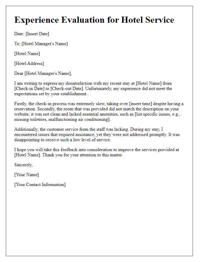 Letter template of experience evaluation for poor hotel service.