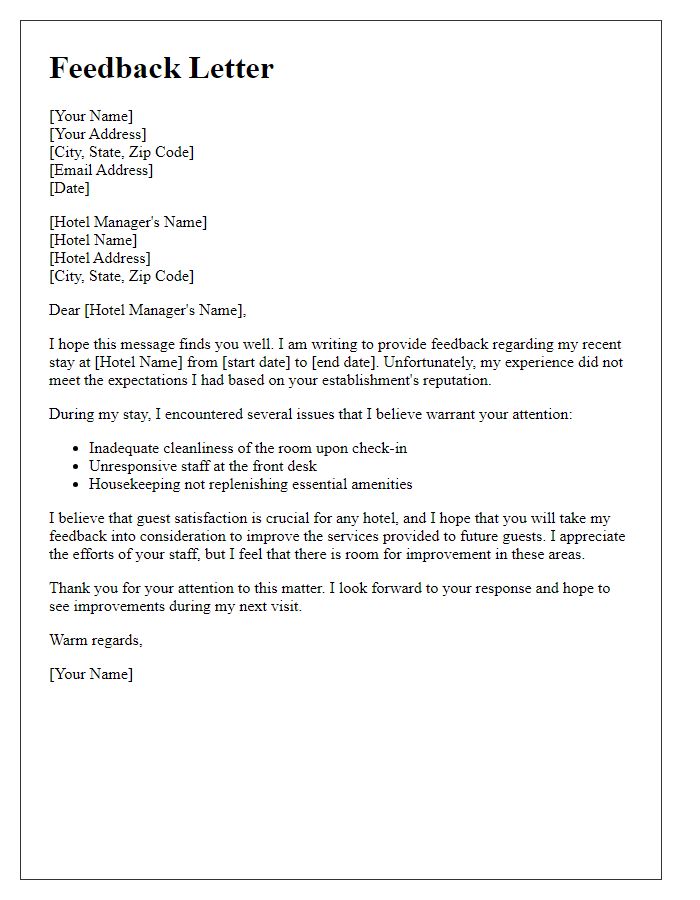 Letter template of feedback regarding inadequate hotel service.