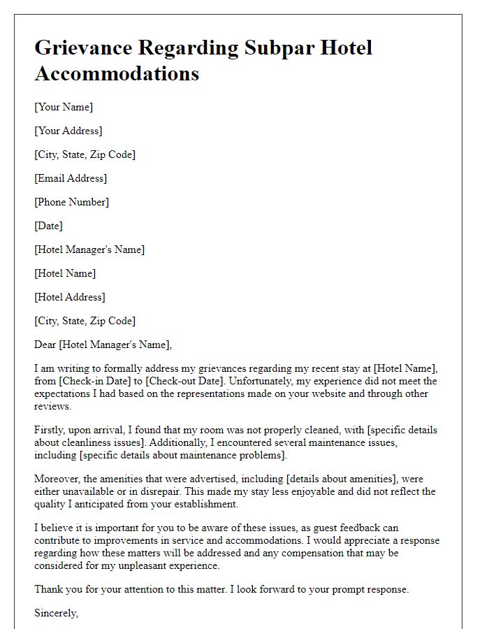 Letter template of grievances about subpar hotel accommodations.