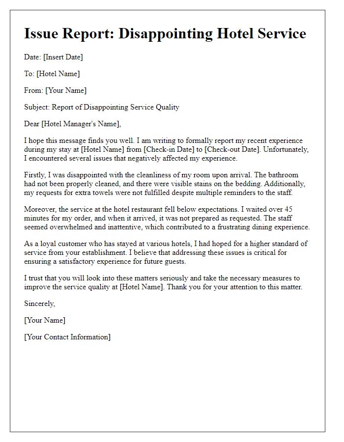 Letter template of issue report for disappointing hotel service quality.