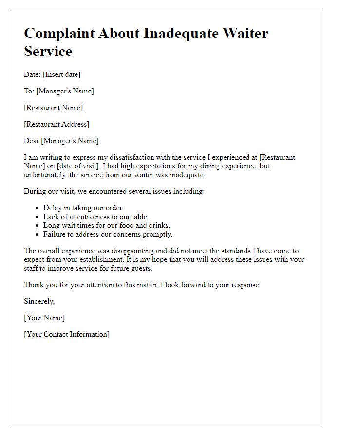 Letter template of inadequate waiter service complaint