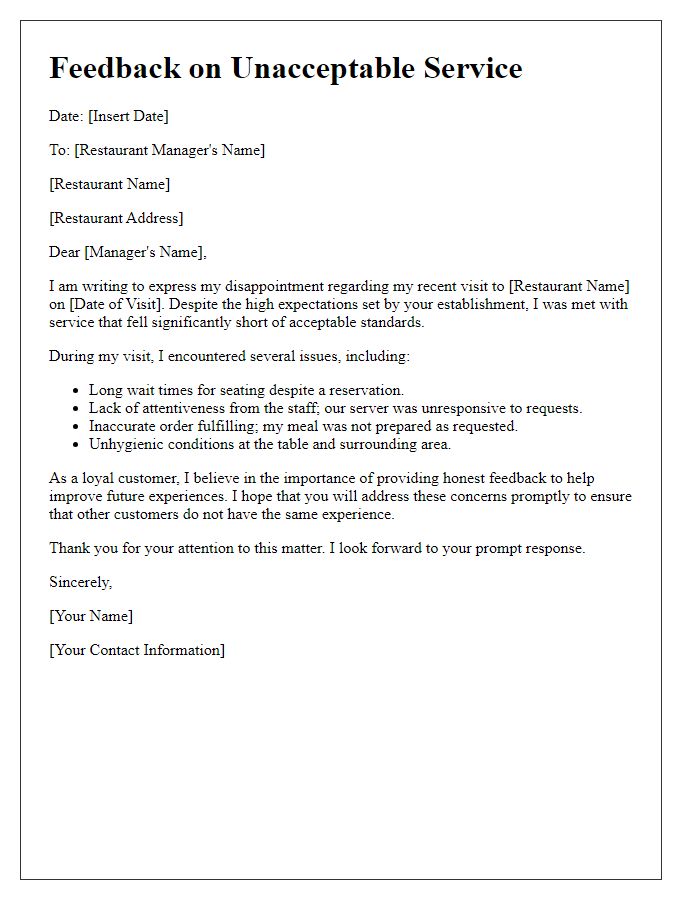 Letter template of unacceptable restaurant service feedback