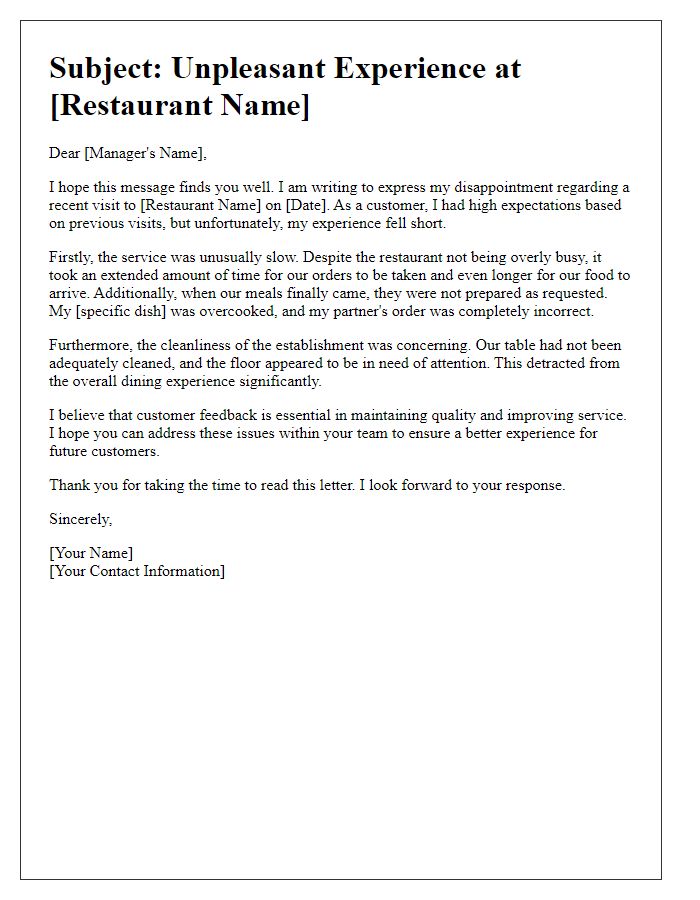 Letter template of unpleasant restaurant experience grievance