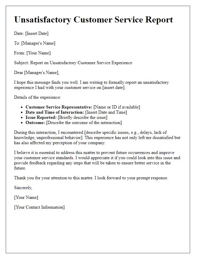 Letter template of unsatisfactory customer service report