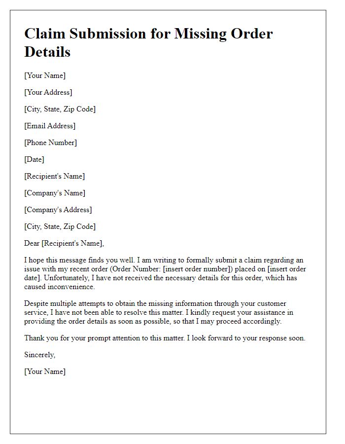 Letter template of claim submission for missing order details