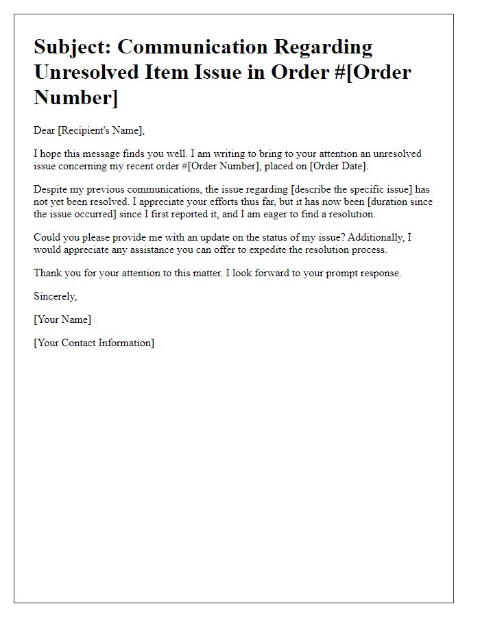 Letter template of communication for unresolved item issue in order