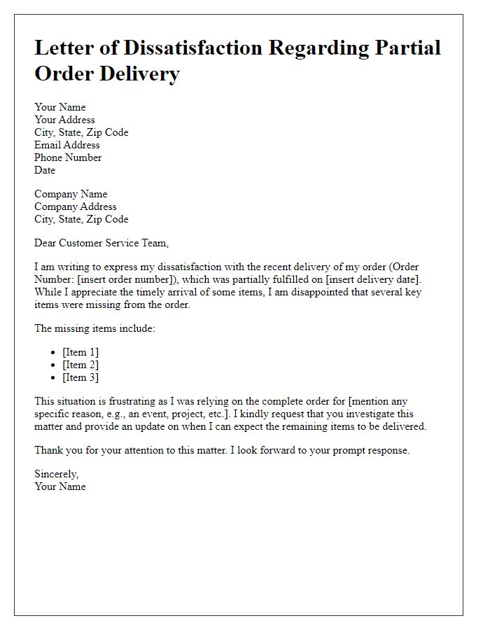 Letter template of dissatisfaction regarding partial order delivery