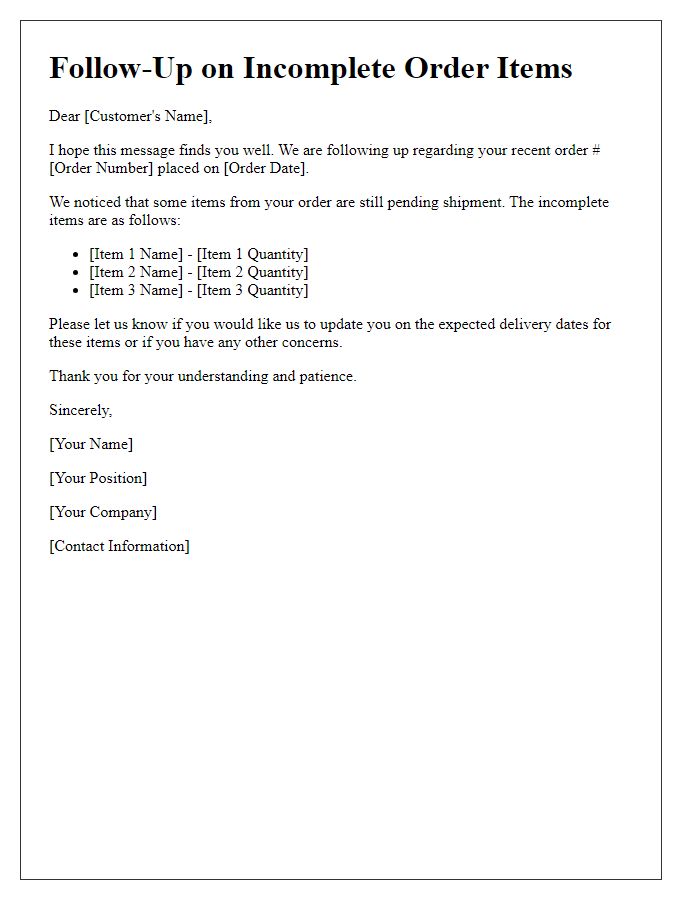 Letter template of follow-up for incomplete order items