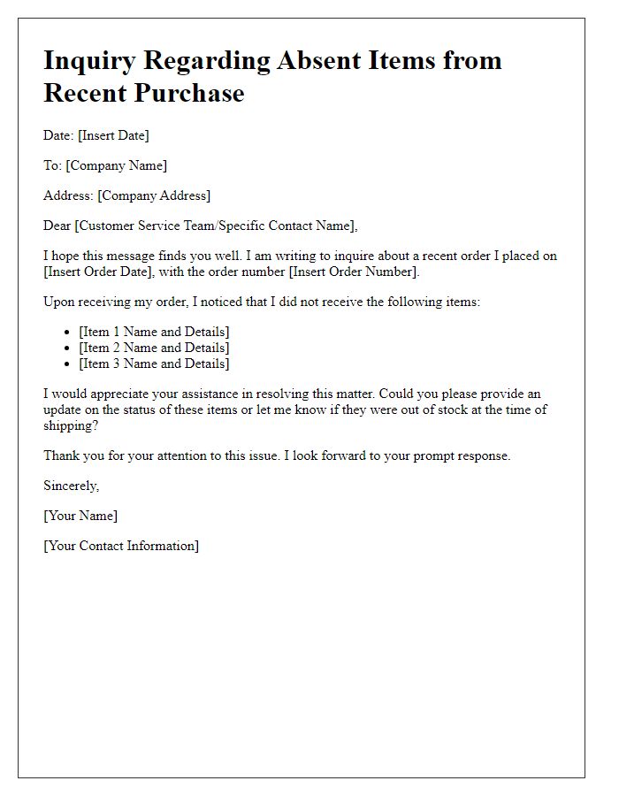 Letter template of inquiry about absent items from purchase