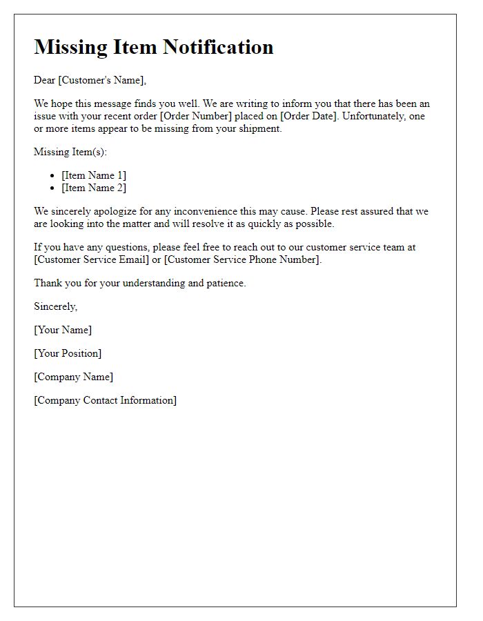 Letter template of missing item notification for order complaint