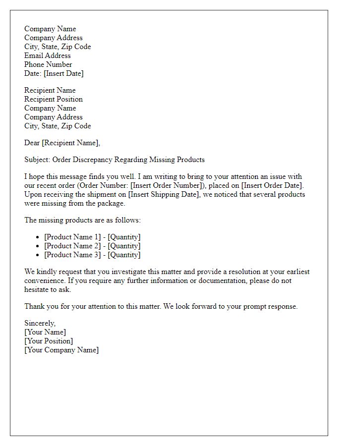 Letter template of order discrepancy regarding missing products