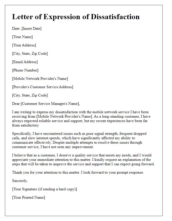 Letter template of expression of dissatisfaction with mobile network service.