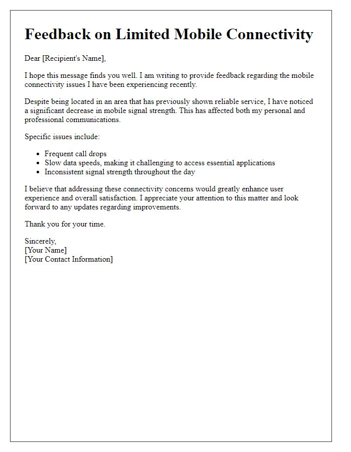 Letter template of feedback on limited mobile connectivity issues.