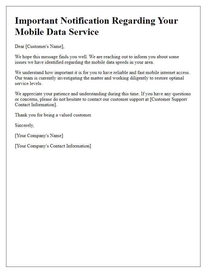 Letter template of notification about subpar mobile data speeds.