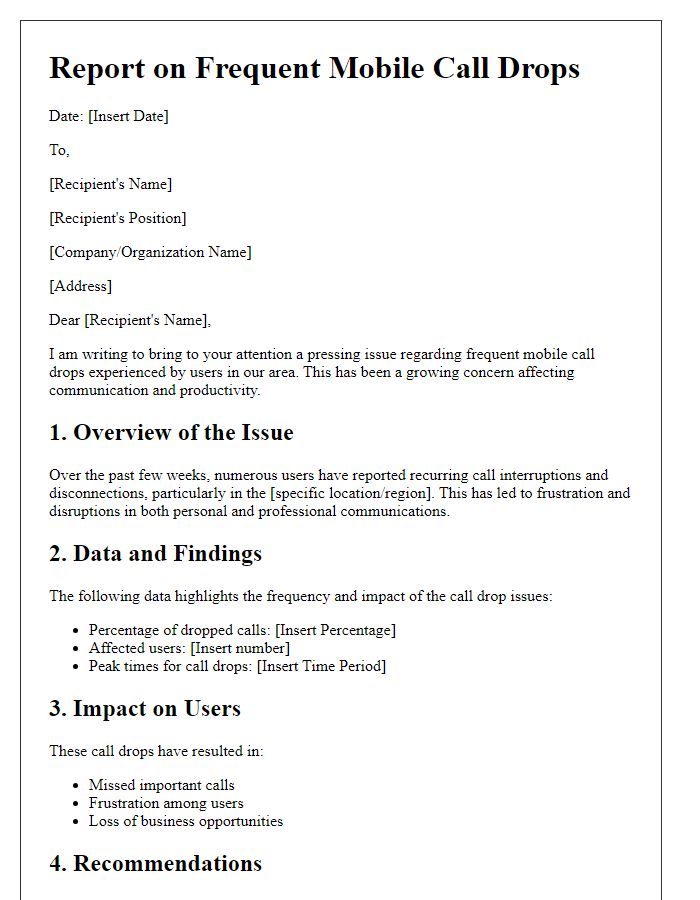 Letter template of report for frequent mobile call drops.