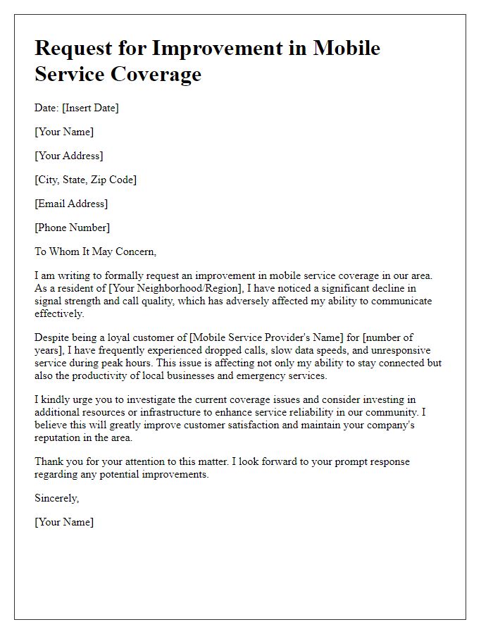 Letter template of request for improvement in mobile service coverage.