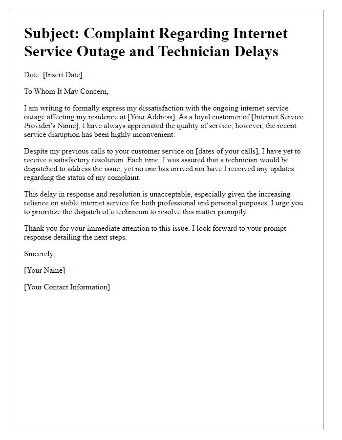 Letter template of internet service outage complaint addressing technician delays.