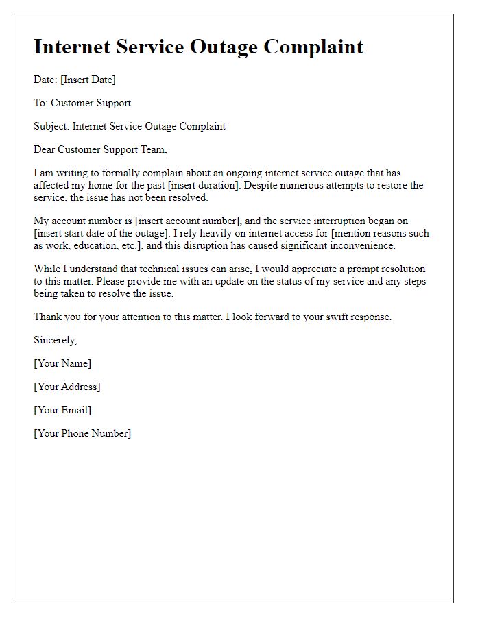 Letter template of internet service outage complaint to customer support.