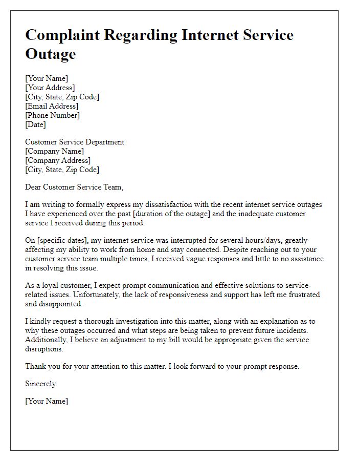 Letter template of internet service outage complaint regarding poor customer service.