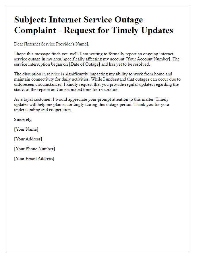 Letter template of internet service outage complaint requesting timely updates.