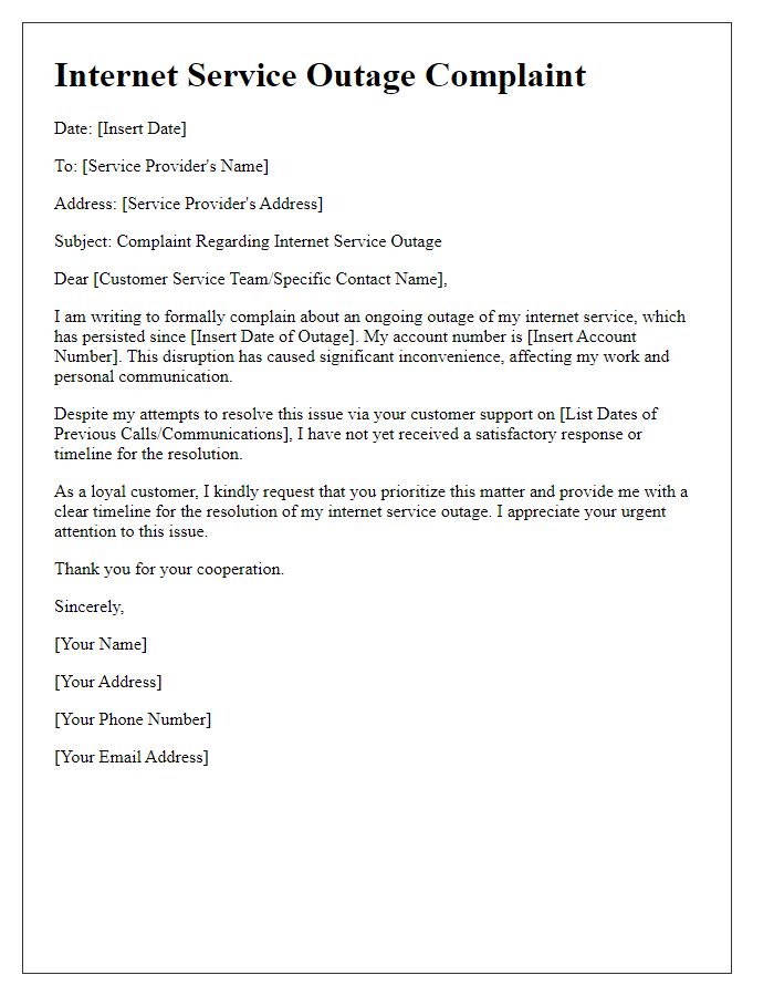 Letter template of internet service outage complaint for resolution timeline.