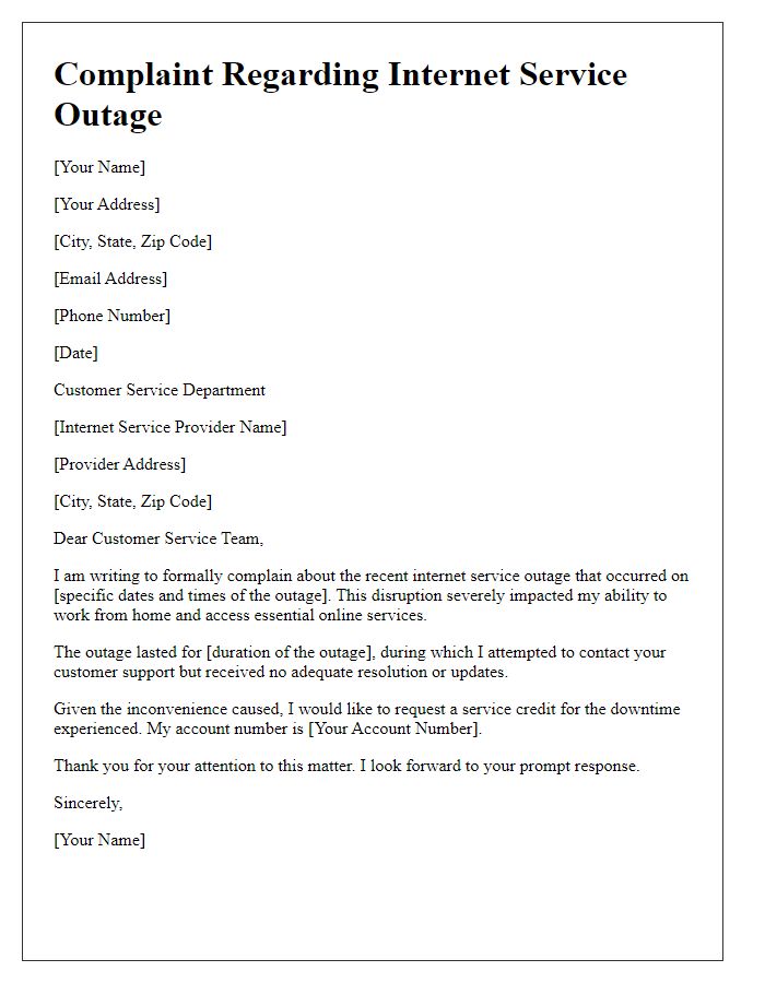 Letter template of internet service outage complaint for service credit request.