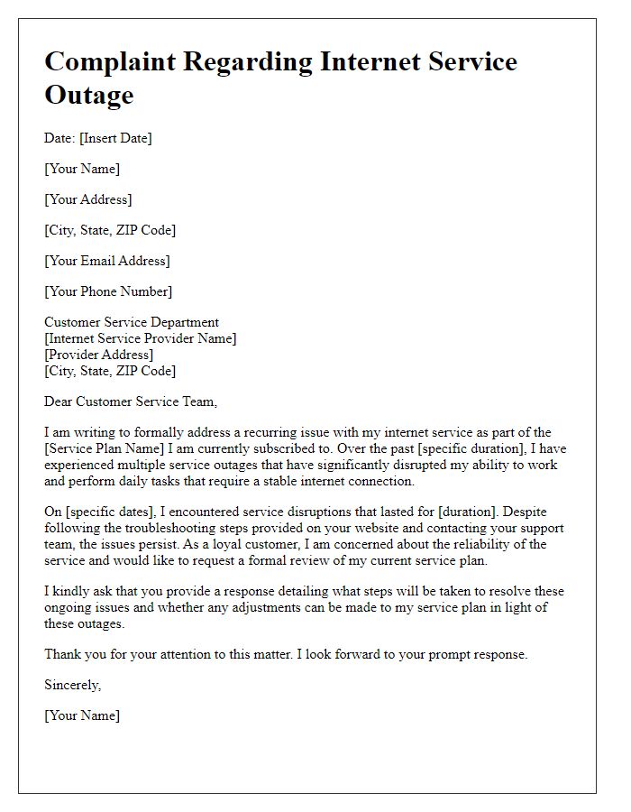 Letter template of internet service outage complaint for service plan review.