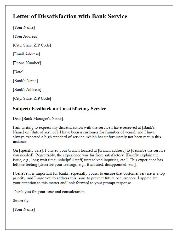 Letter template of dissatisfaction with bank service feedback