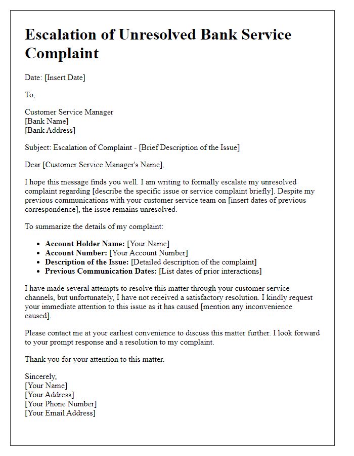 Letter template of escalation for unresolved bank service complaint