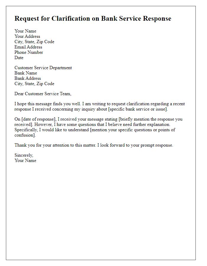 Letter template of request for clarification on bank service response