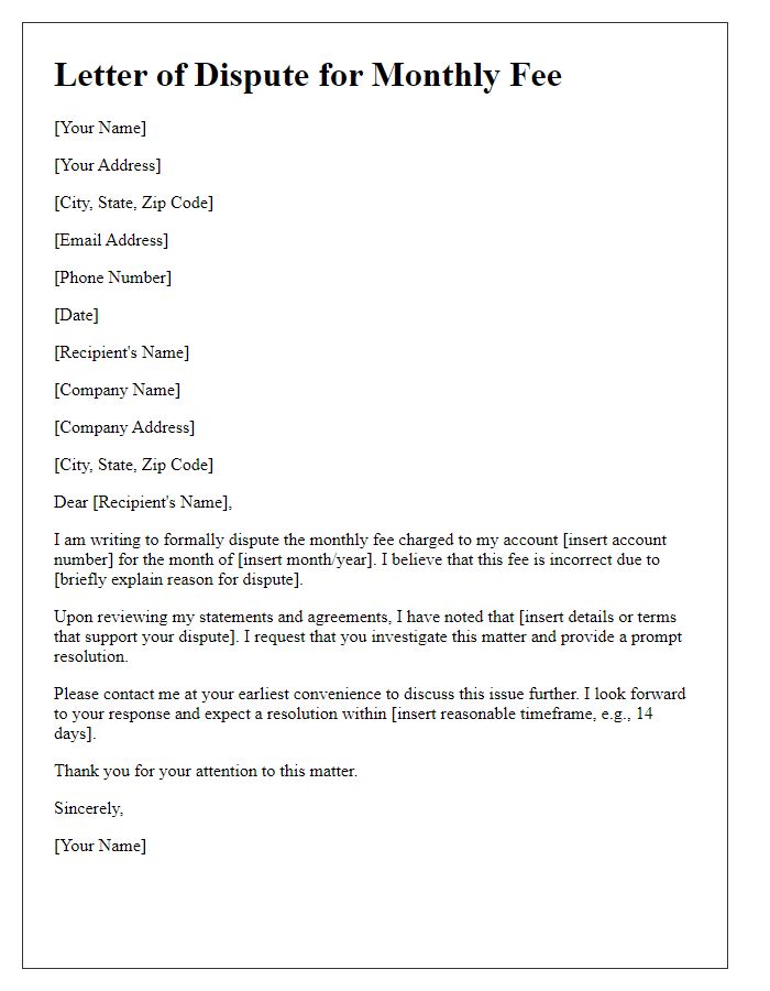 Letter template of monthly fee dispute