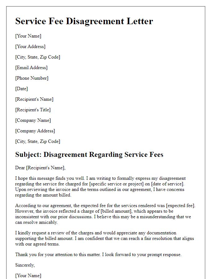 Letter template of service fee disagreement