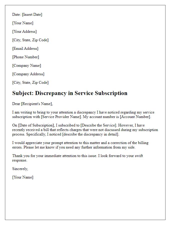 Letter template of service subscription discrepancy