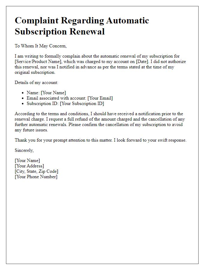 Letter template of complaint regarding automatic subscription renewal