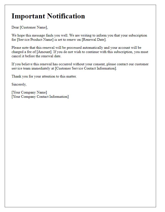 Letter template of notification for unconsented subscription renewal