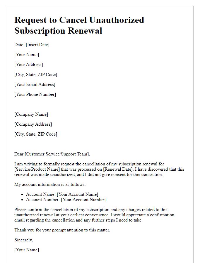 Letter template of request to cancel unauthorized subscription renewal