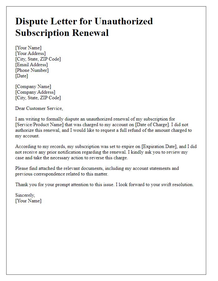 Letter template of unauthorized subscription renewal dispute