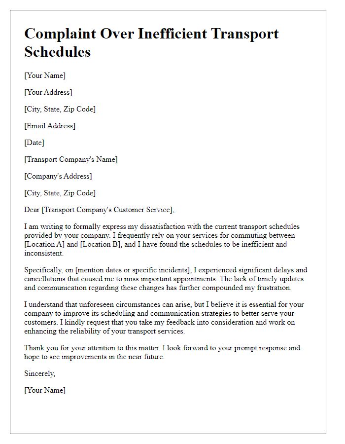 Letter template of complaint over inefficient transport schedules.