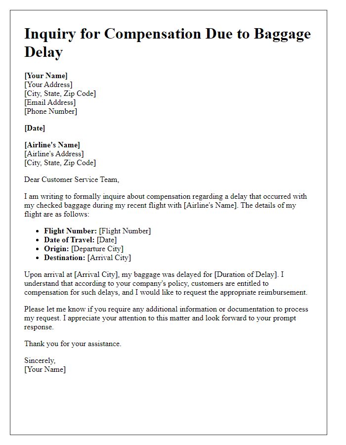 Letter template of inquiry for compensation after baggage delay