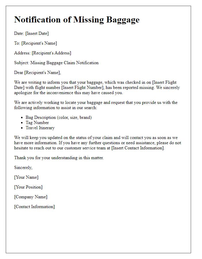 Letter template of notification for missing baggage claims