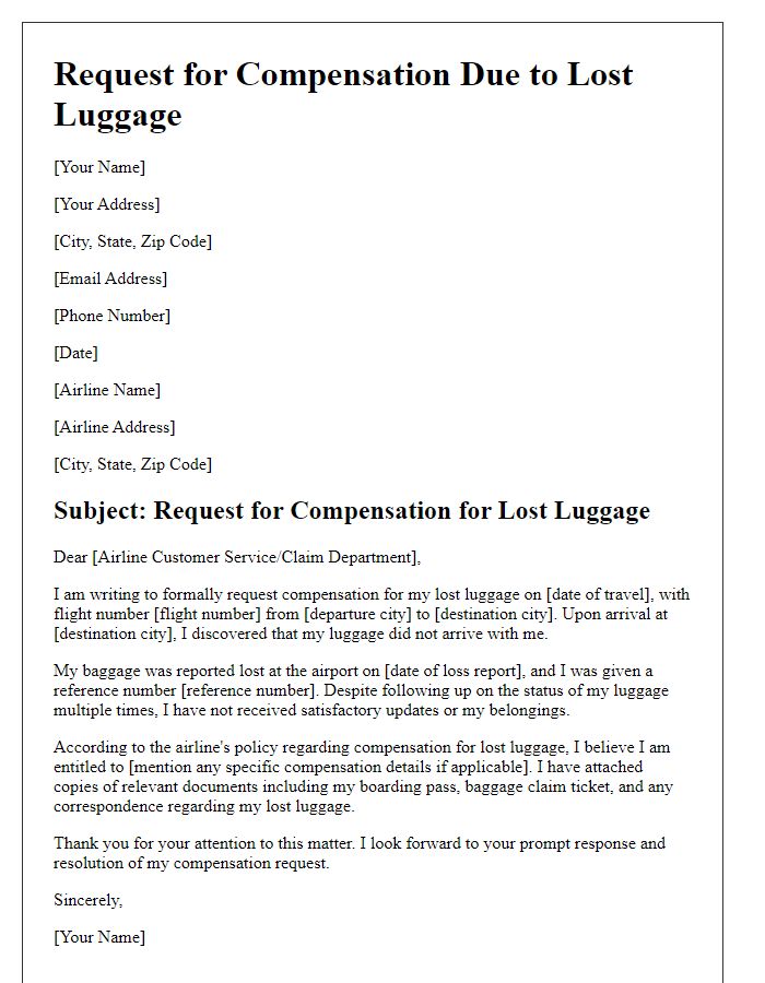 Letter template of request for compensation due to lost luggage