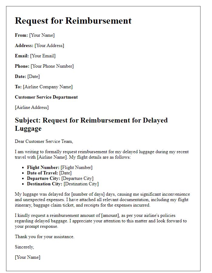 Letter template of request for reimbursement for delayed luggage