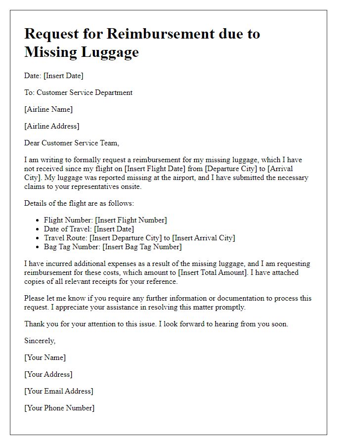 Letter template of support request for missing luggage reimbursement