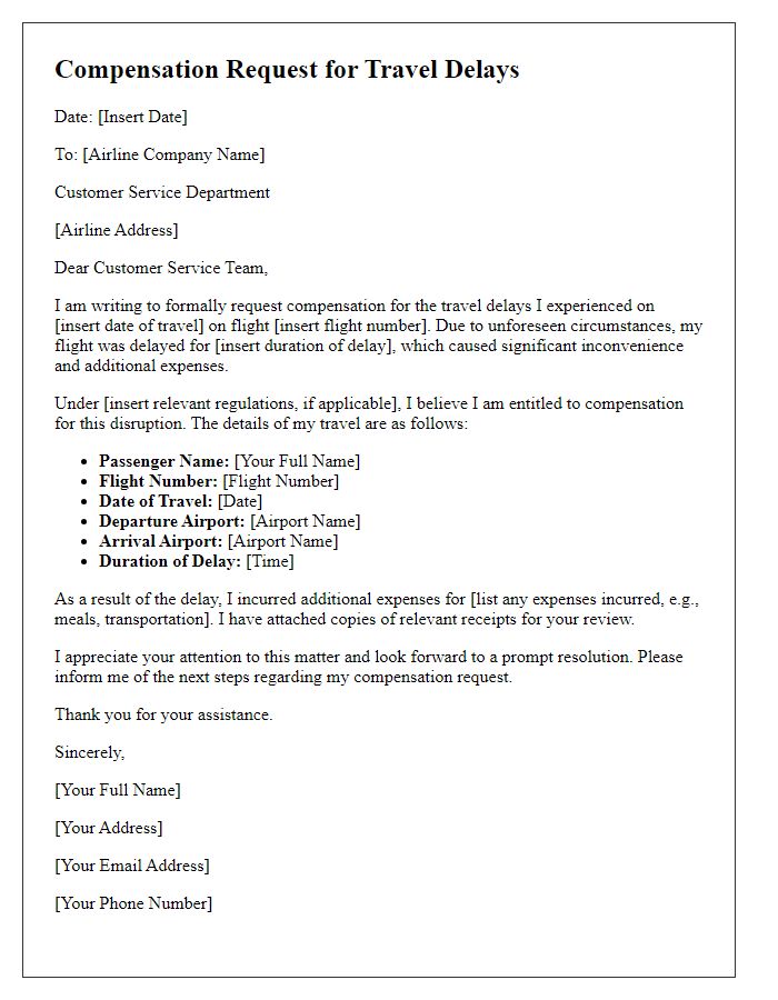 Letter template of compensation request for travel delays.