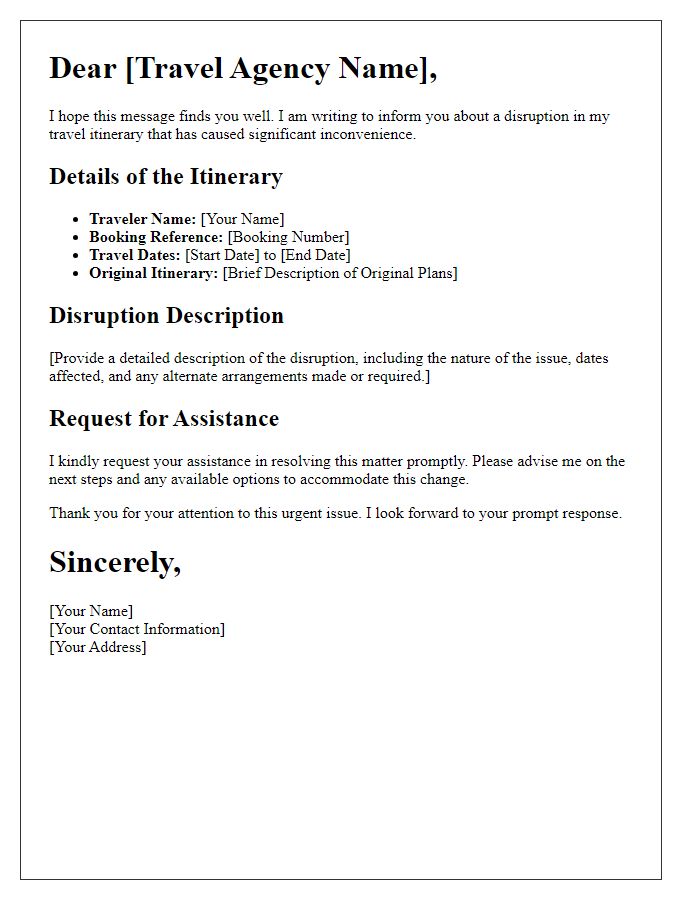 Letter template of disrupted travel itinerary issue for travel agency.